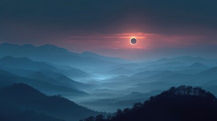 Solar eclipse over misty blue mountain landscape at sunset