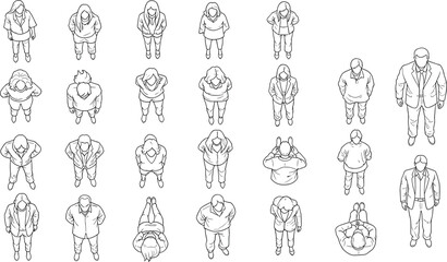 Isometric line art vector illustration of diverse people standing from a top down bird's eye view perspective for architectural floor plans and site layouts © Ketab