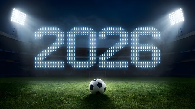 2026 World Cup Stadium in a Vibrant Night Scene with a Football on the Field