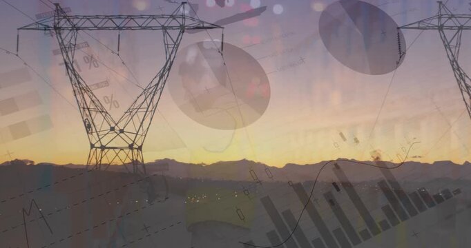 Animation of graphs and data over fiend with electricity pole at sunset