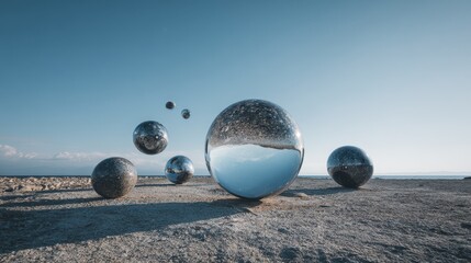 Surreal landscape with floating chrome spheres on a pebble beach