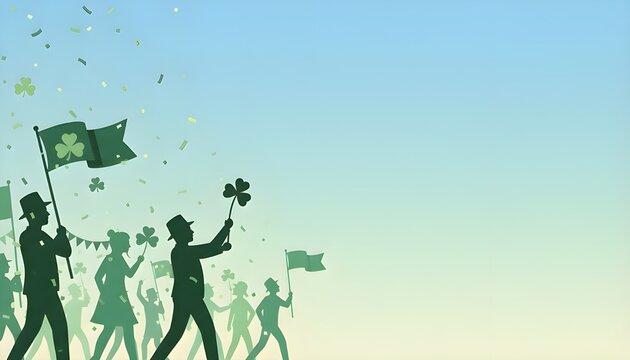 st patricks fastival with parade silhouette on green background copy space
