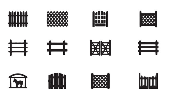 Collection of diverse farm and garden fence and gate icons representing different styles for outdoor boundaries and entry points