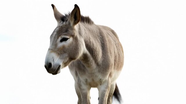 Close-Up of a Donkey Standing on a Grassy Field Against a Bright Sky