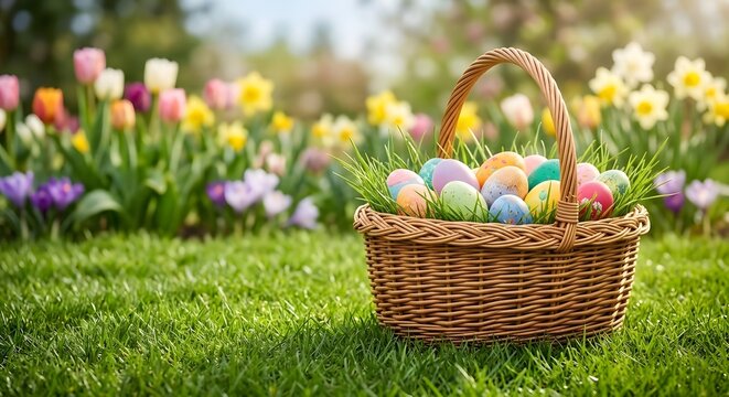 Wicker basket filled with colorful painted Easter eggs on green grass in sunny spring garden.