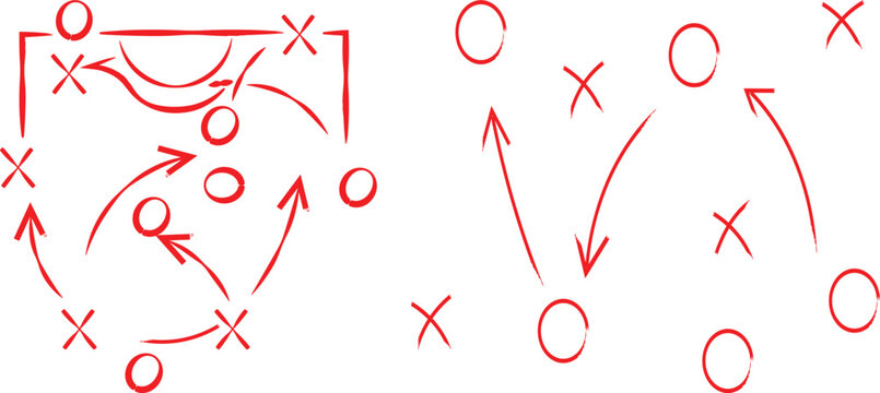 Red hand drawn strategy diagrams showing x and o formations with directional arrows illustrating game plans clearly.