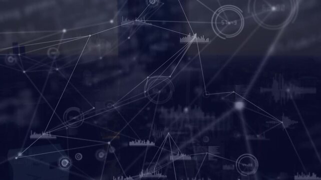 Animation of counter and graphs connected with lines and codes rotating over silhouette building
