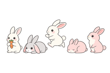 Fototapeta premium Cute little bunnies in various poses illustration set, adorable rabbit characters in pastel colors for children book design and Easter themed creative projects
