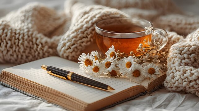 Cozy aesthetic flat lay featuring a warm cup of herbal tea, an elegant fountain pen on an open notebook, and dried chamomile flowers.