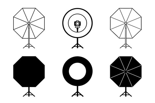 Professional photography studio lighting equipment set including octabox, ring light with camera, and umbrella softbox icons in line and silhouette styles.