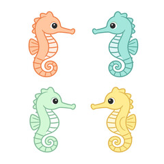 Obraz premium Cute seahorse character set in pastel colors including orange, blue, green and yellow, flat vector illustration of marine life isolated on white background.
