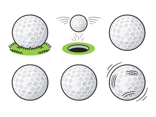 Collection of golf ball icons showing different actions like hitting into hole and rolling on grass for golf sports and recreational lifestyle branding © 张锋