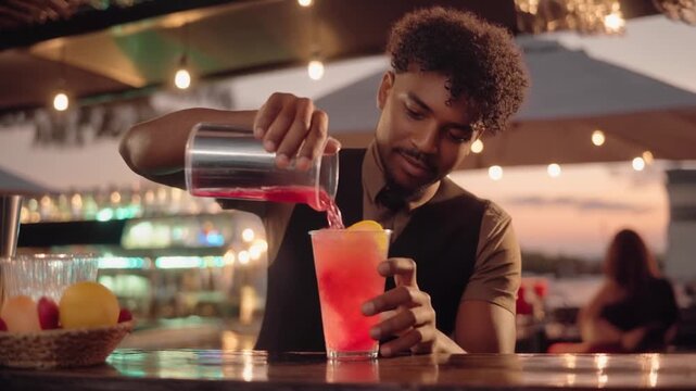Bartender Pouring Red Cocktail at Sunset Outdoor Bar