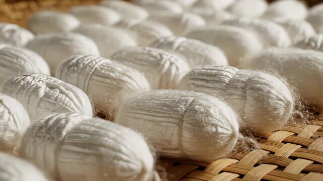Macro View of Rows of White Silkworm Cocoons Arranged in a Wicker Basket Showing Delicate Fibers and Natural Texture Under Warm Sunlight