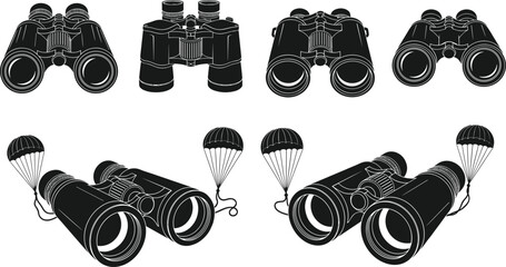 Vector collection of black binocular silhouettes featuring various realistic designs and creative versions with parachutes isolated on white background for observation and travel themes © Mukta