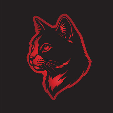 Cat Portrait Illustration with Red Outline on Black Background