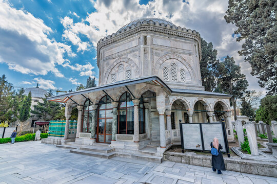 The Kanuni Sultan Suleyman Tomb view in the garden of Suleymaniye Mosque in the Istanbul