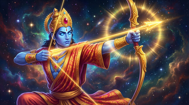 Lord Rama Shooting Arrow in Cosmic Galaxy Background &ndash; Ram Navami Spiritual Illustration