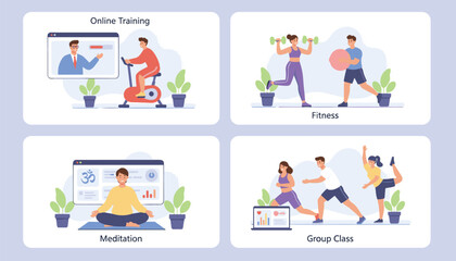 Online fitness training and digital wellness concept set with people doing workout meditation and gym exercises via laptop