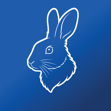 Rabbit Portrait Illustration with White Outline on Blue Background