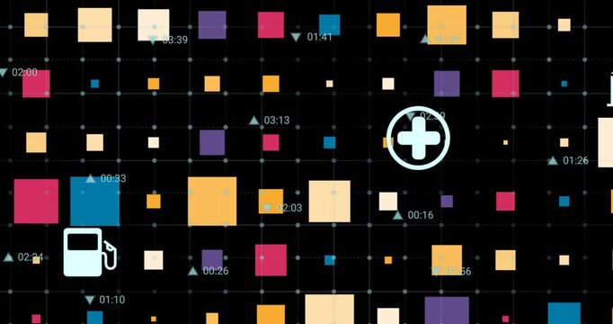 Animation of colorful geometric shapes with digital timestamps over black background