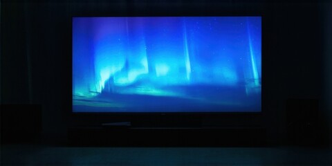 Fototapeta premium Dark room features large screen displaying vibrant aurora borealis. Blue, green hues dominate display, creating immersive experience. Minimalist setting.