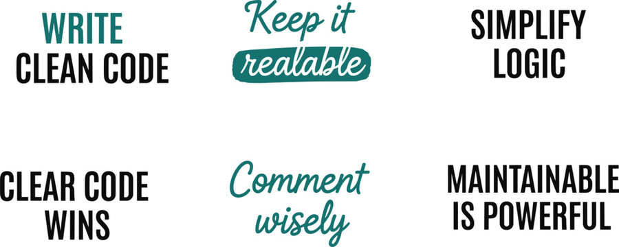 Set of six motivational typography quotes for developers, focused on writing clean code, maintaining logic, and best practices for high-quality software engineering and programming.