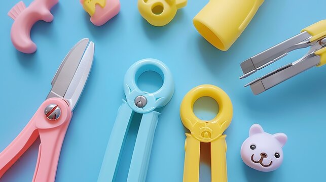 Colorful baby nail clippers and grooming tools on a light blue surface