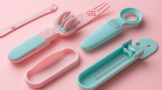 Pastel baby nail clippers and grooming set on a soft pink background