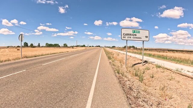 P-980 paved road leaving Fromista in direction to Carrion de los Condes, province of Palencia, Castile and Leon, Spain