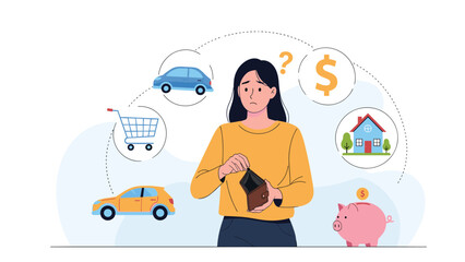 Obraz premium Stressed woman holding an empty brown leather wallet while thinking about financial expenses like a house, car, shopping, and lack of savings.