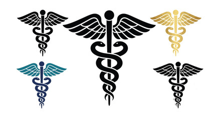 A gold caduceus medical symbol featuring wings and snakes is presented as a vector icon set with Celtic knots for healthcare and pharmaceutical pharmacy logos isolated on a white background