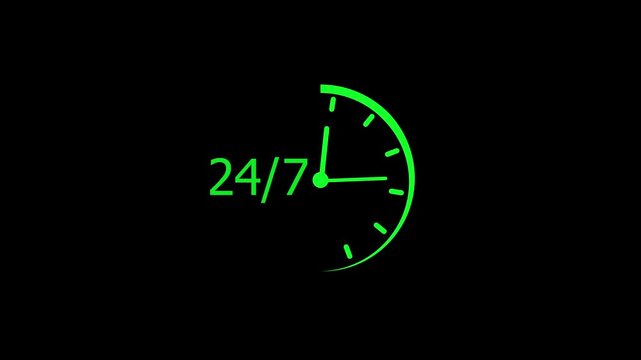 24 hours 7 days clock timer icon animation. 24 hours and 7 days service available