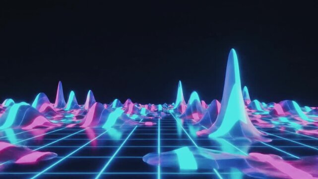 3d render of a vibrant, abstract representation of light waves in various neon colors against a dark background. Synthwave style music equalizer. Visualization of fluctuations