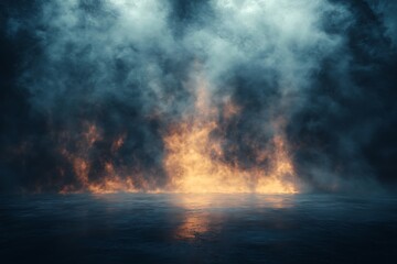 Intense orange flames burn across a dark wet floor with thick grey smoke rising