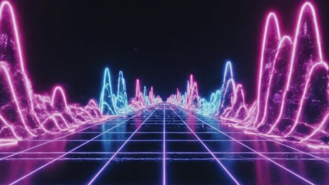 3d render of a vibrant, abstract representation of light waves in various neon colors against a dark background. Synthwave style music equalizer. Visualization of fluctuations
