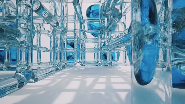 Abstract geometric maze structure made of glass tubes, isolated on white background. Blue objects are refracted through the transparent surfaces. 3D rendering illustration