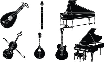 Vector collection of black musical instrument silhouettes including grand piano acoustic guitar violin mandolin and flute isolated on white background for classical music concert © Itz  Parvin