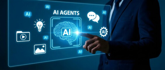 Fototapeta premium Business person interacting with a futuristic ai interface on a digital screen