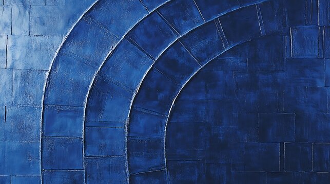 Multiple radiating blue arches create a textured architectural pattern on a deep indigo background