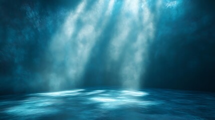 Fototapeta premium Numerous light rays cut through dense blue smoke creating a dynamic pattern on a reflective wet floor