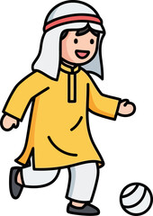 Obraz premium Young boy playing soccer in traditional thobe