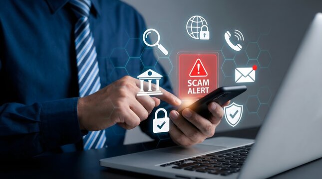 Businessman holding a phone with a scam alert warning while working on a laptop