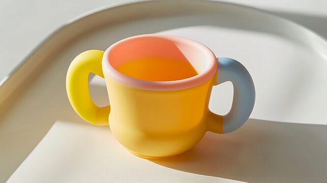 Colorful baby sippy cup with dual-tone handles on a white surface