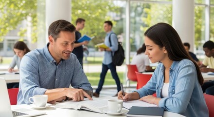 A man and a woman are studying together in a bright, modern university cafeteria. The man is pointing at something in an open textbook while the woman is writing in her notebook.