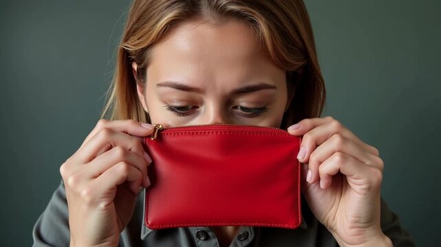 Woman examining red wallet while sitting against dark background  