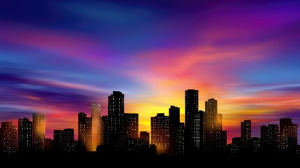 Vibrant Sunset Over City Skyline with Silhouetted Skyscrapers and Colorful Sky Reflections