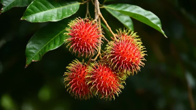 Vibrant red rambutan fruits hanging from a tree branch amidst lush green leaves in a natural setting, showcasing their unique spiky texture.