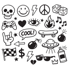 Urban Hand-Drawn Doodle Icon Set with Skulls, Smiley & Lightning