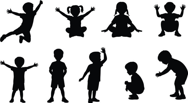 Children silhouettes jumping sitting standing and squatting poses collection, playful kids activity and body movement set isolated on white background